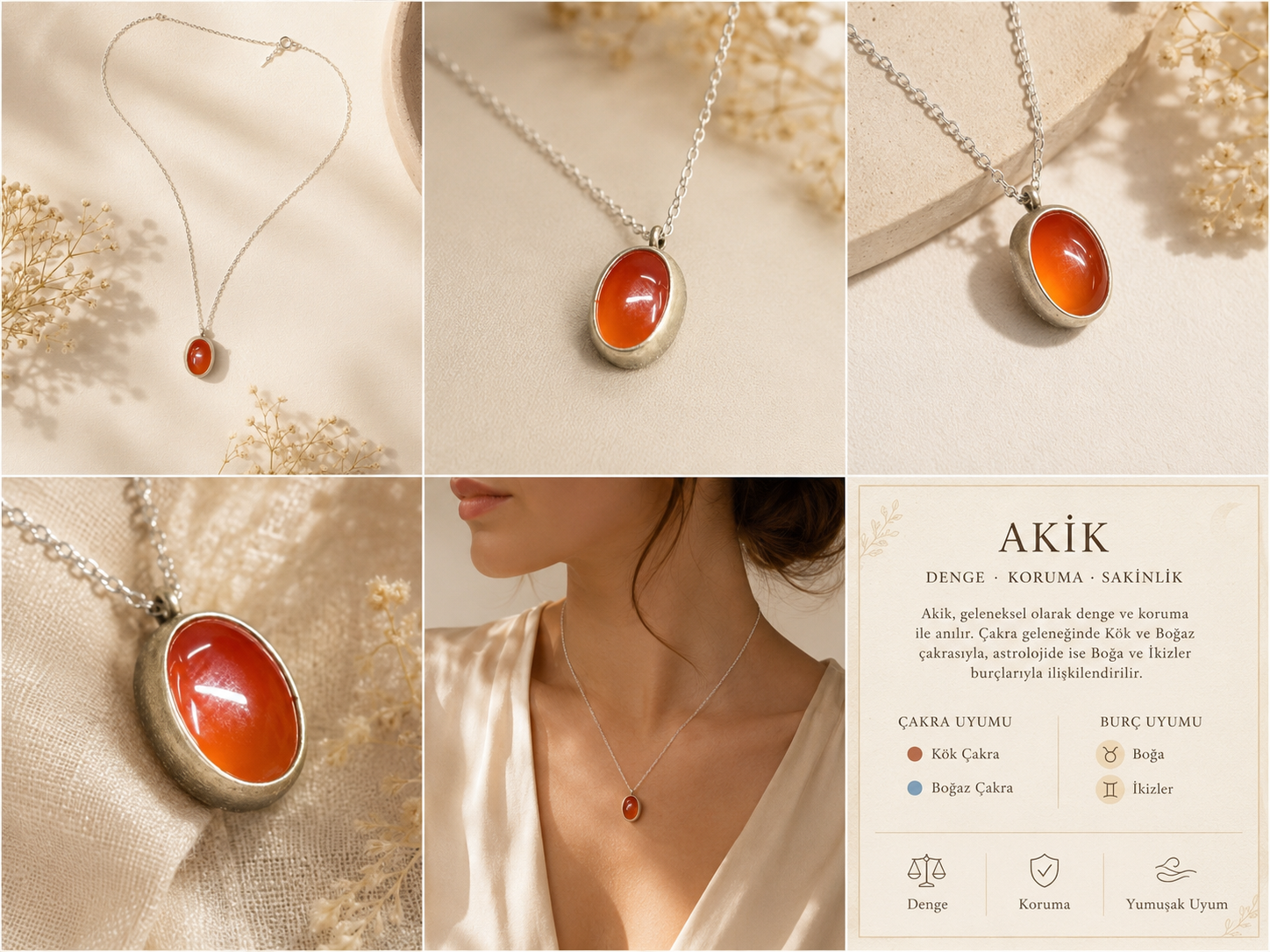 Akik 925 Ayar Gümüş Kolye