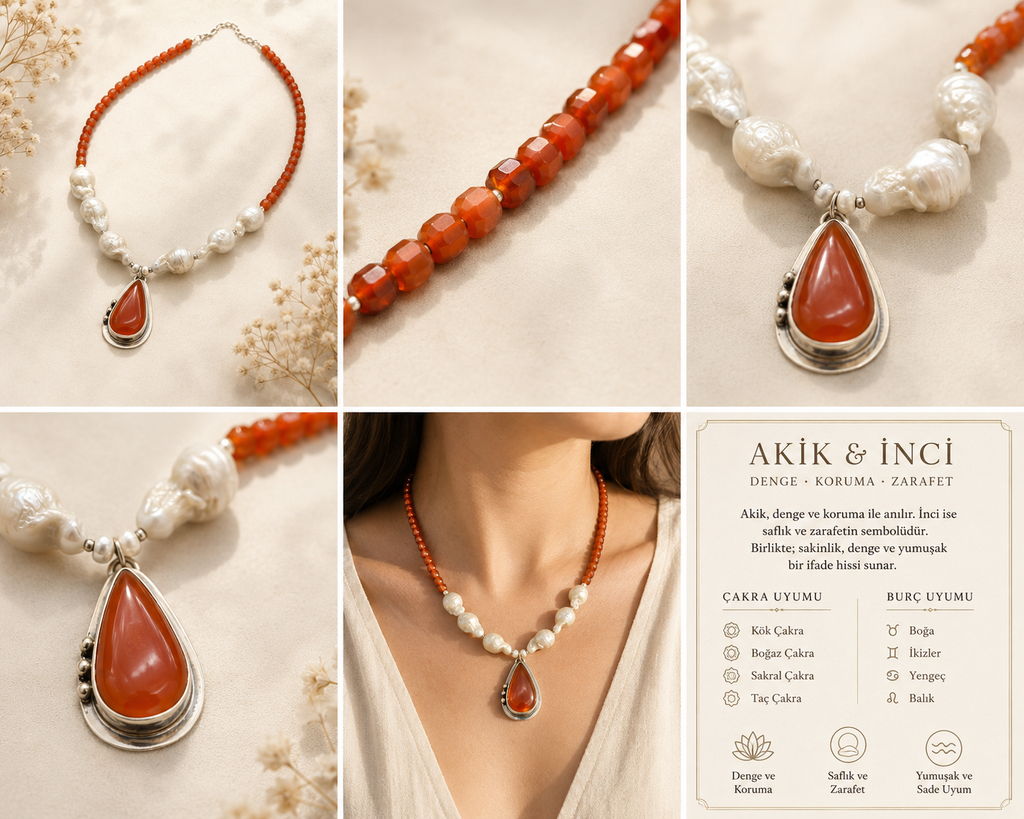 Akik ve İnci 925 Ayar Gümüş Kolye
