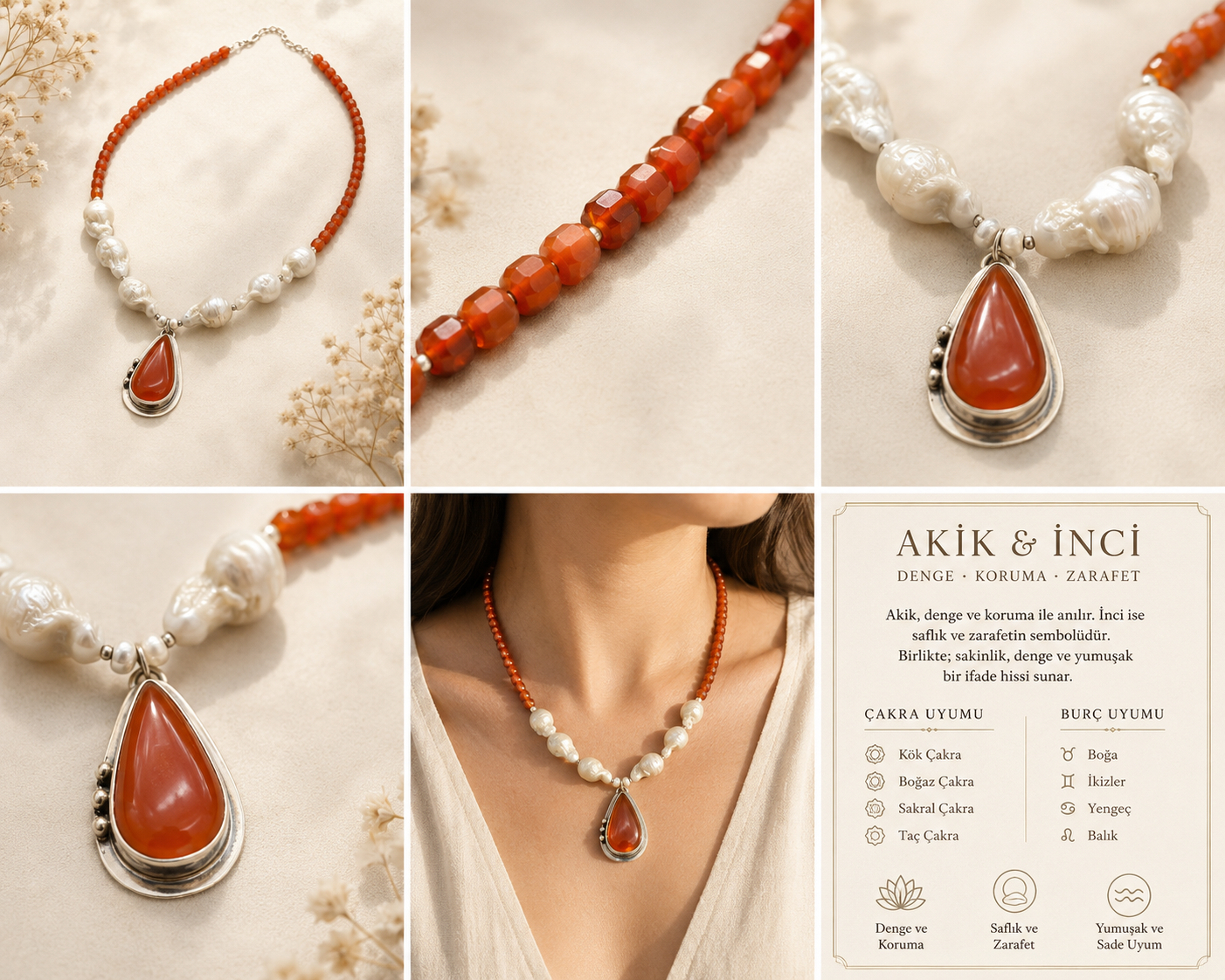 Akik ve İnci 925 Ayar Gümüş Kolye