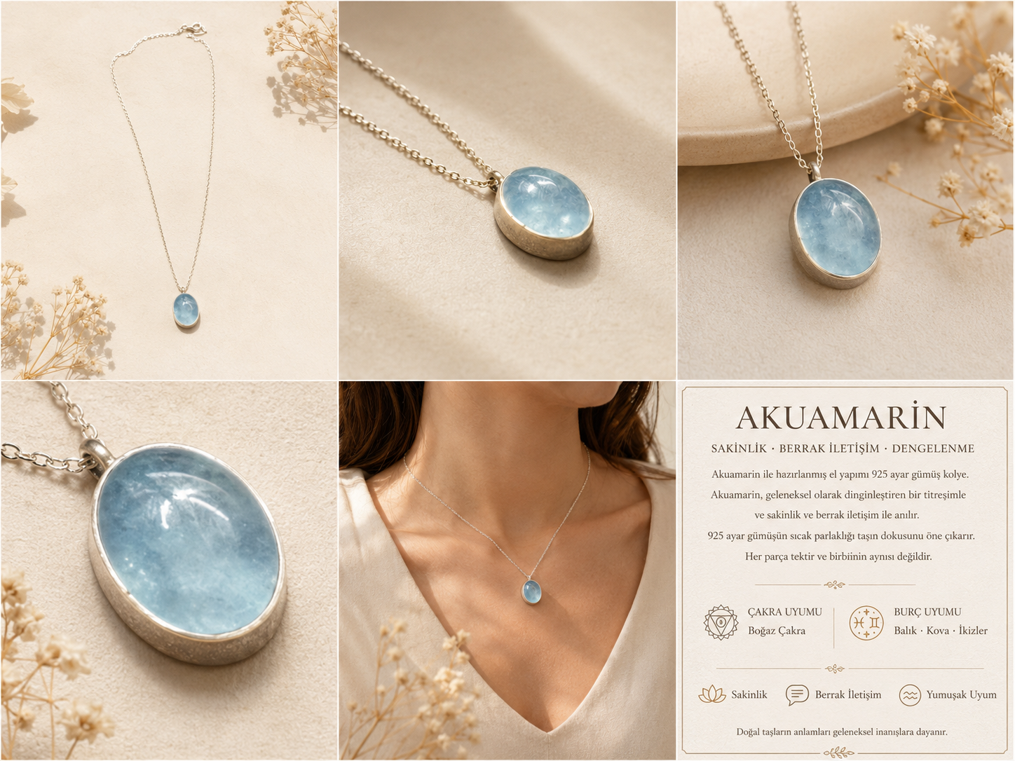 Akuamarin 925 Ayar Gümüş Kolye