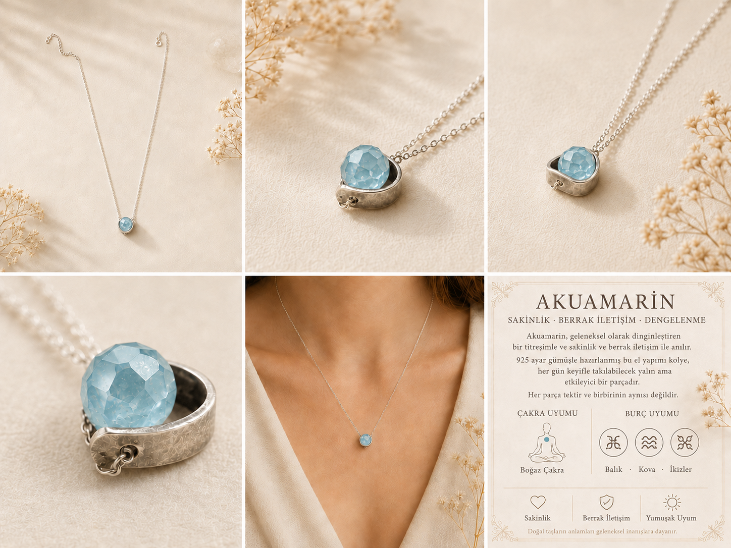 Akuamarin 925 Ayar Gümüş Kolye