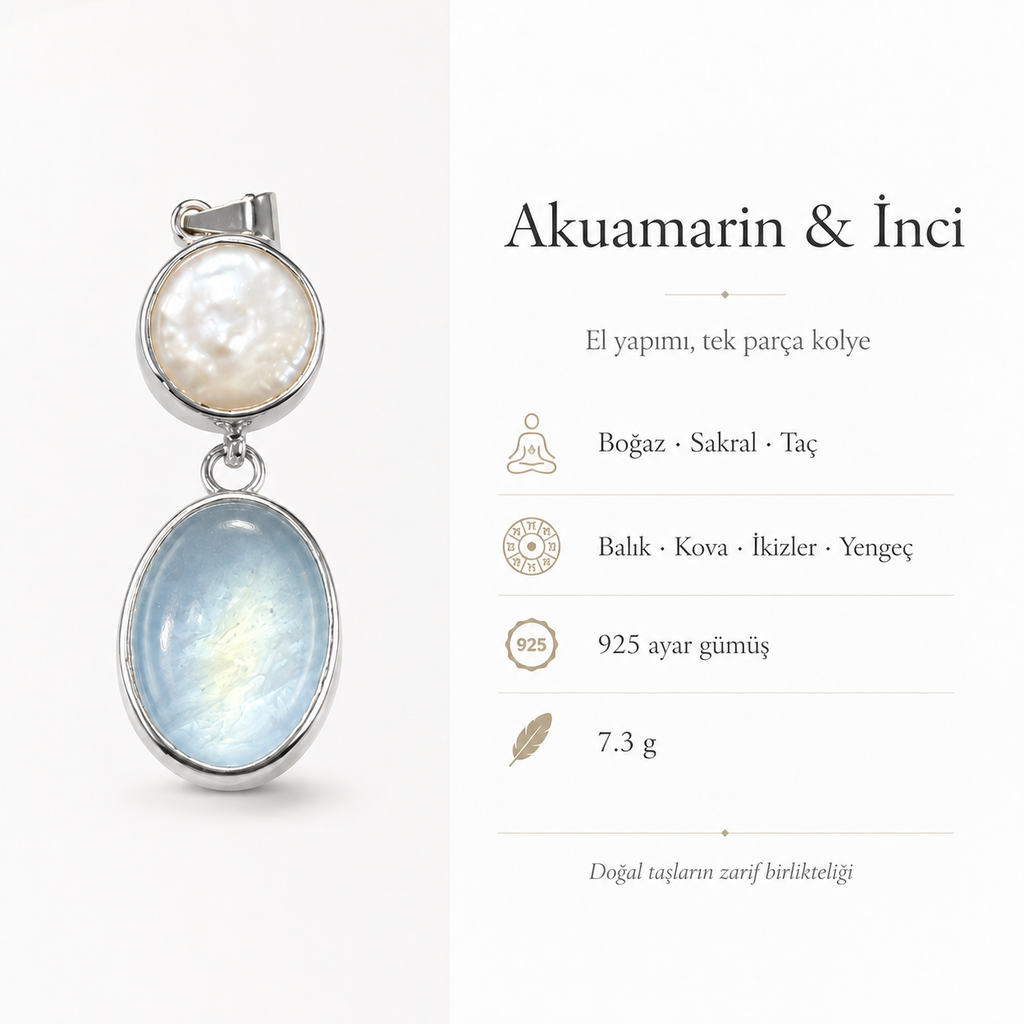 Akuamarin ve İnci 925 Ayar Gümüş Kolye