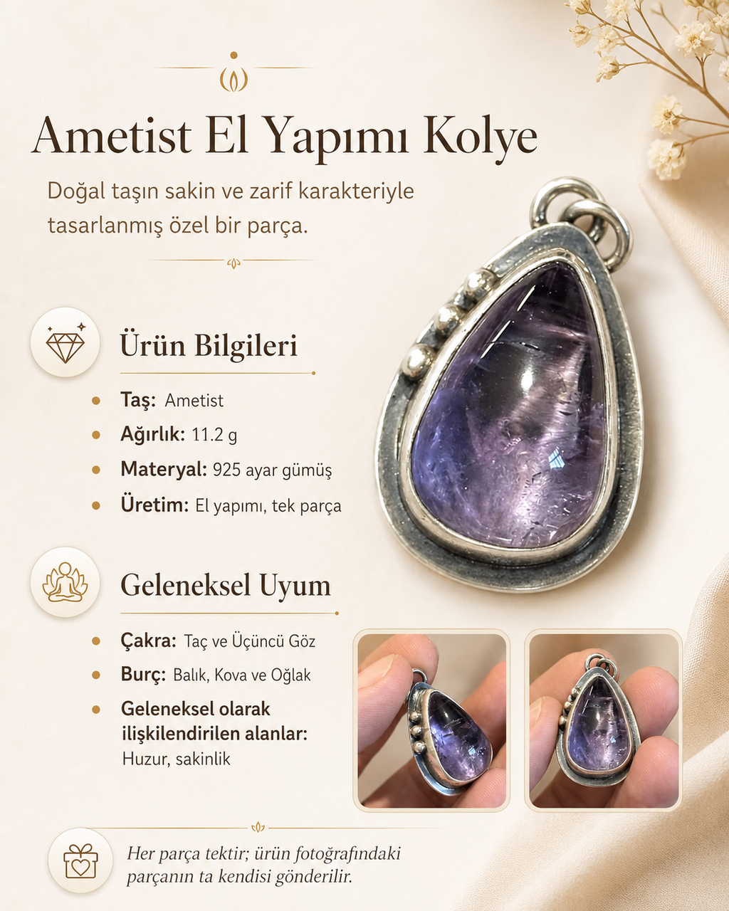 Ametist 925 Ayar Gümüş Kolye