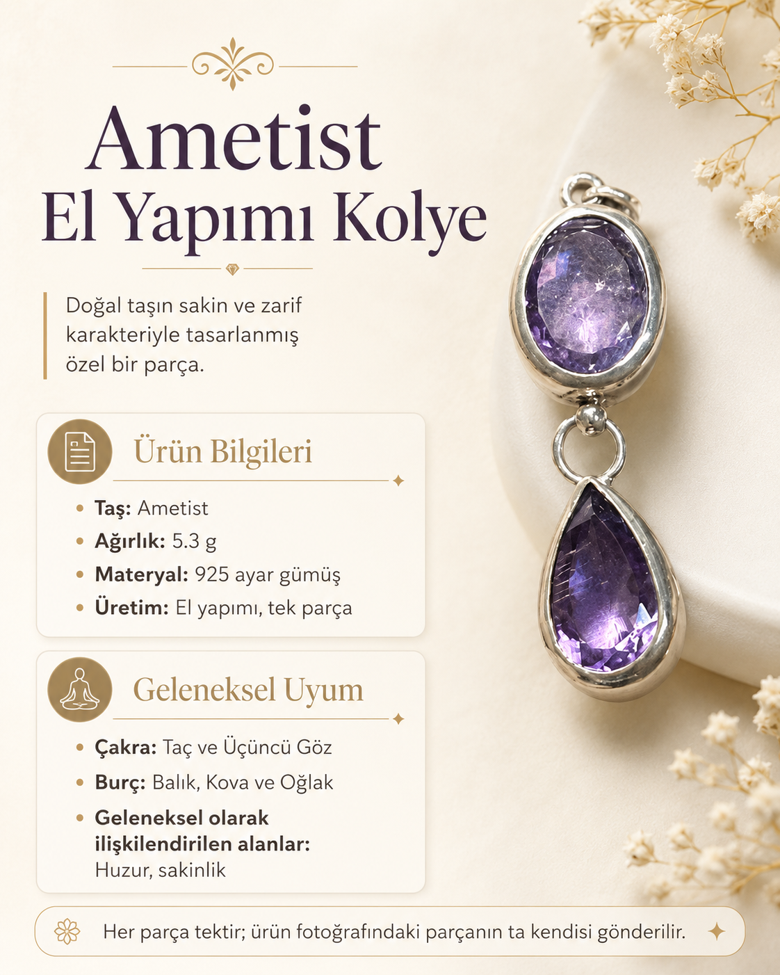 Ametist 925 Ayar Gümüş Kolye