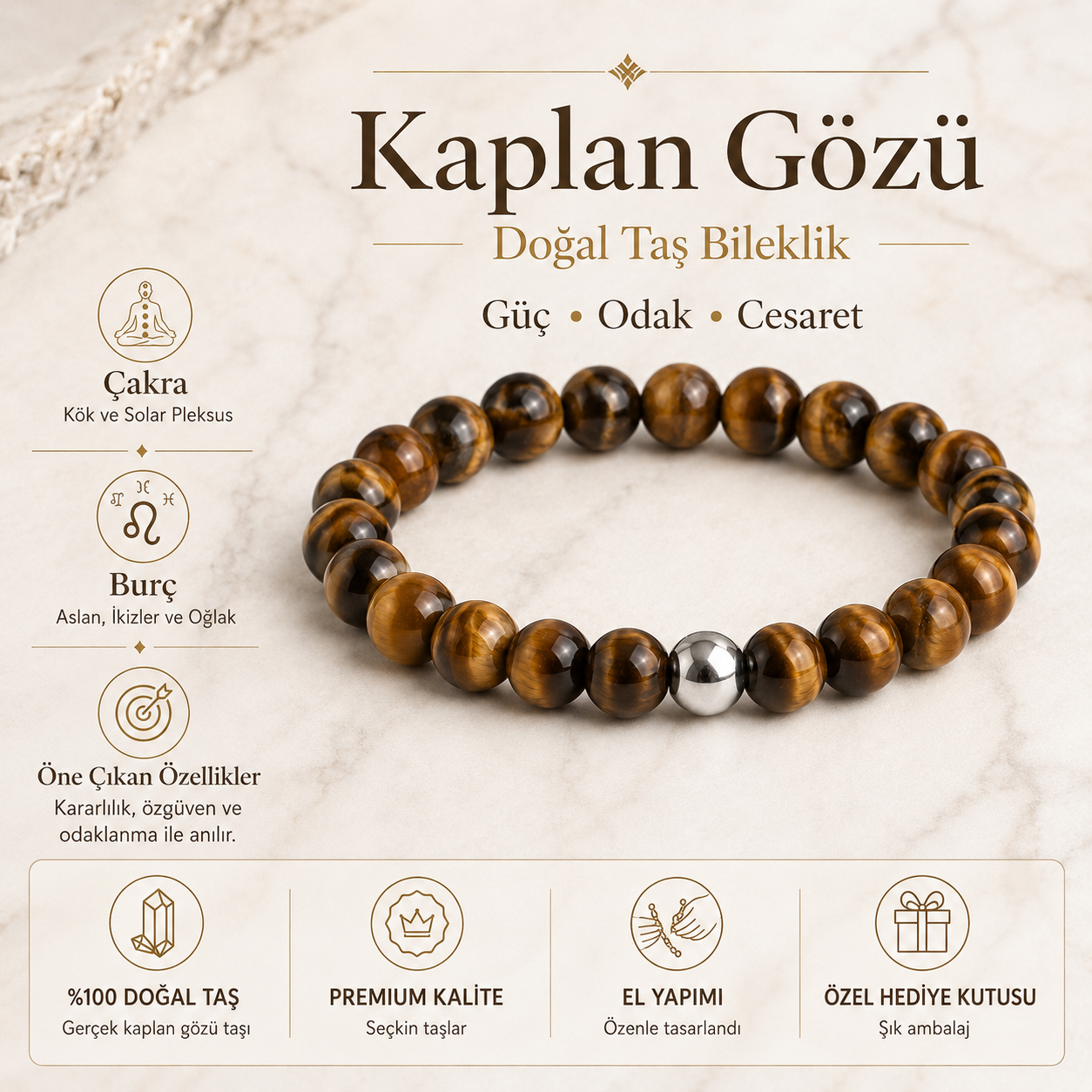 Erkek Kaplan Gözü Gümüş Detay Bileklik ürün bilgi kartı