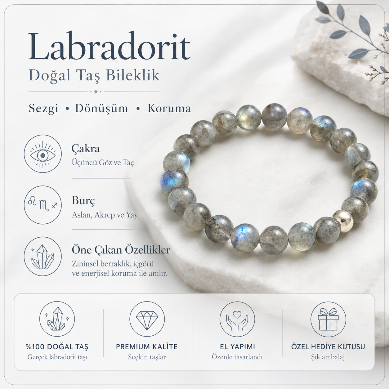 Erkek Labradorit Gümüş Detay Bileklik ürün bilgi kartı