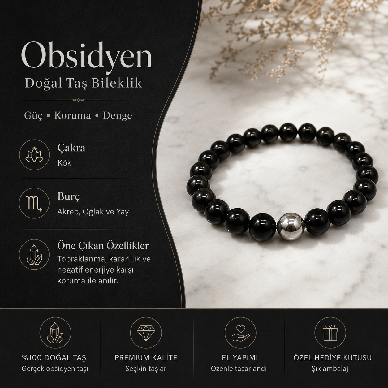 Erkek Obsidyen Gümüş Detay Bileklik ürün bilgi kartı