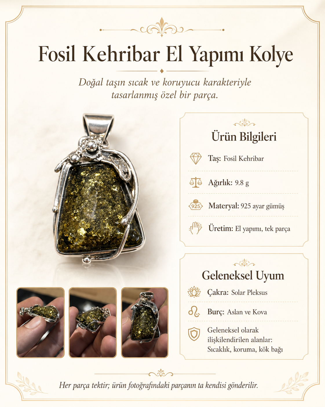 Fosil Kehribar 925 Ayar Gümüş Kolye