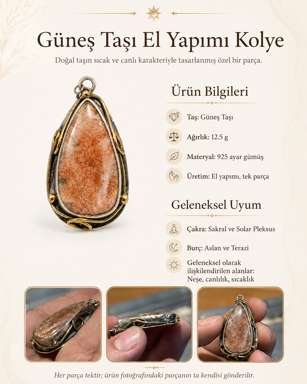 Güneş Taşı 925 Ayar Gümüş Kolye