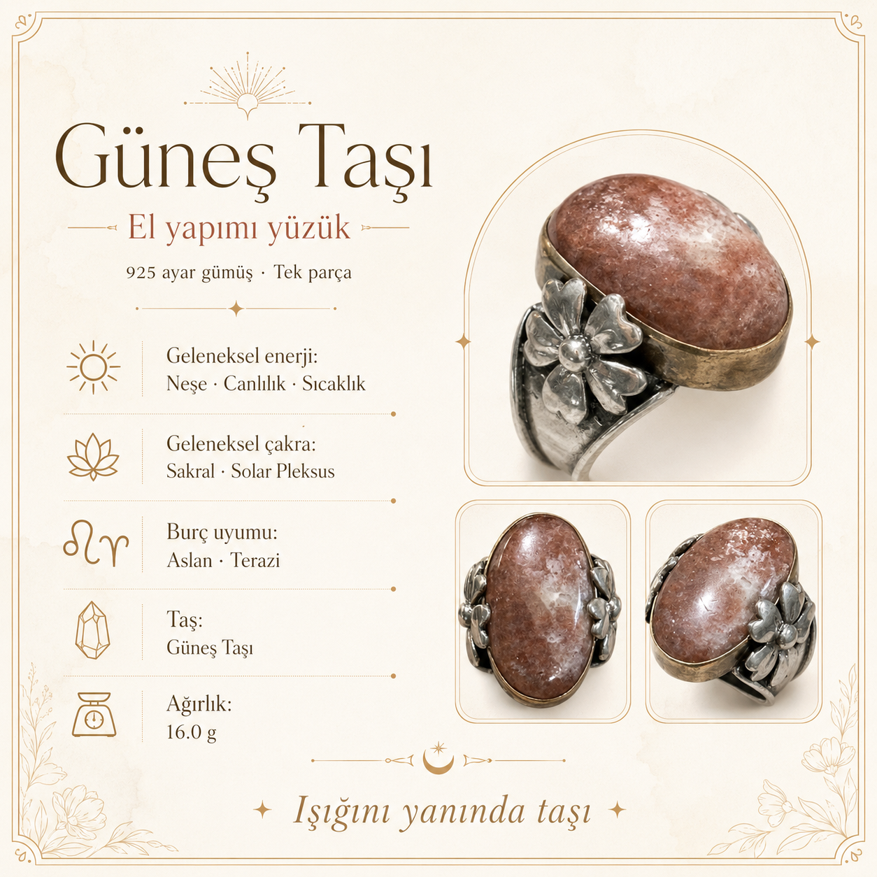 Güneş Taşı 925 Ayar Gümüş Yüzük