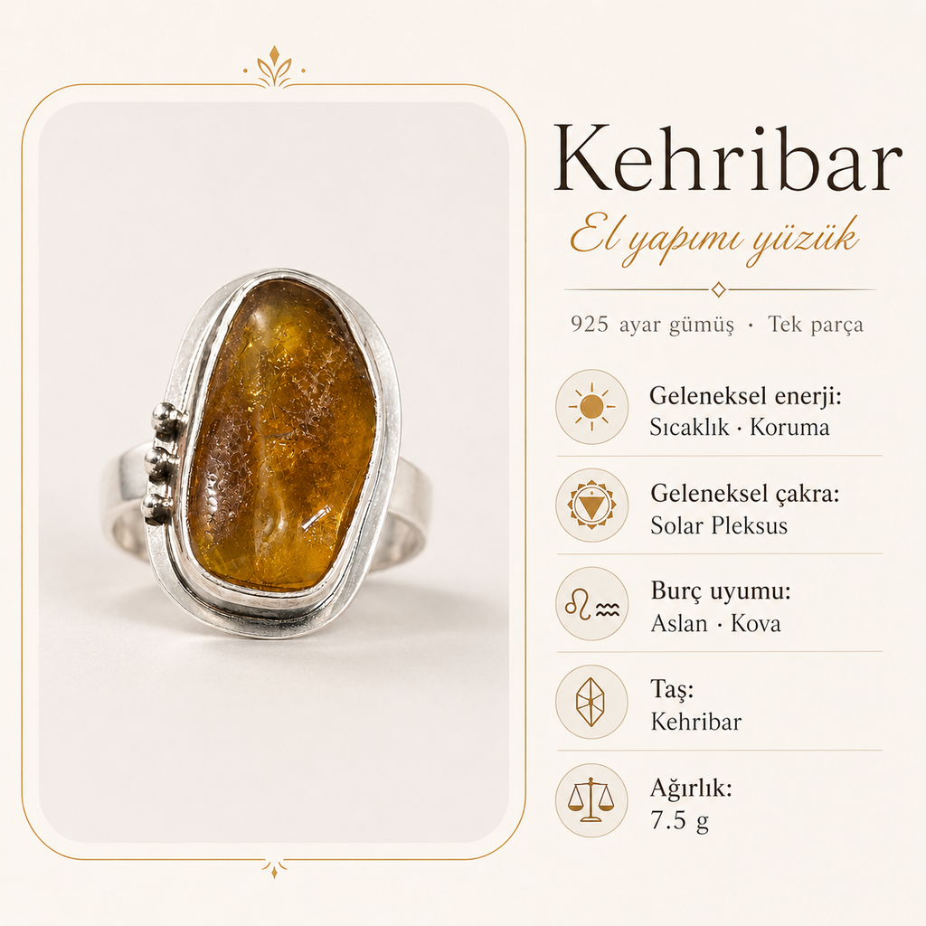 Kehribar 925 Ayar Gümüş Yüzük