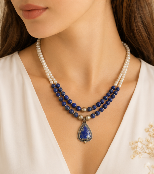 Lapis Lazuli ve İnci 925 Ayar Gümüş Kolye
