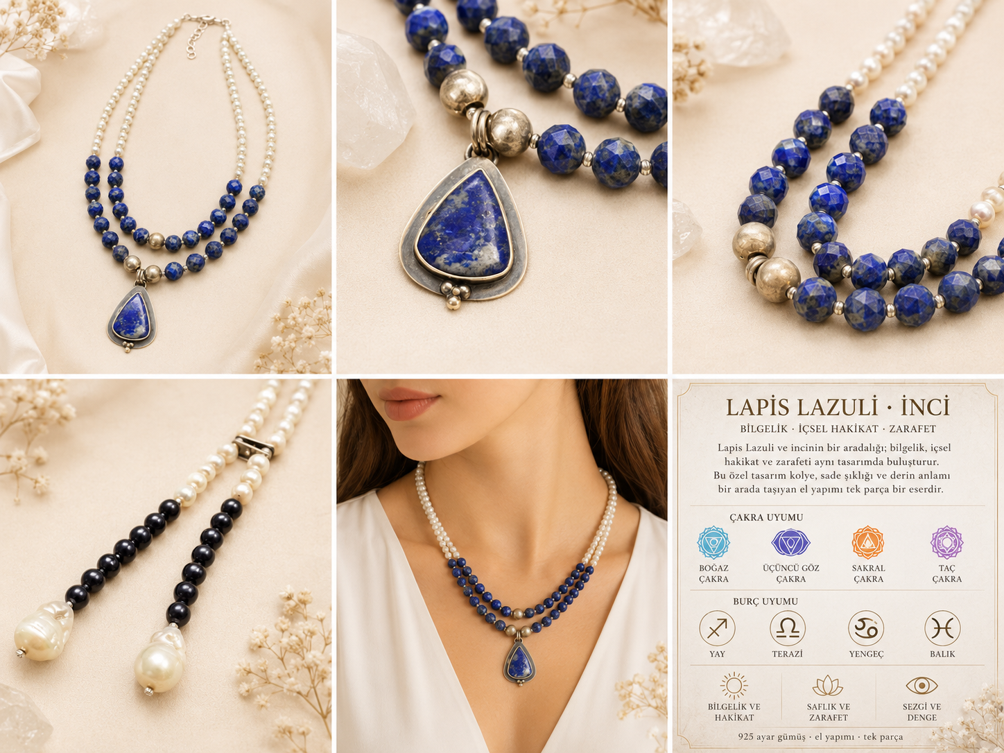 Lapis Lazuli ve İnci 925 Ayar Gümüş Kolye