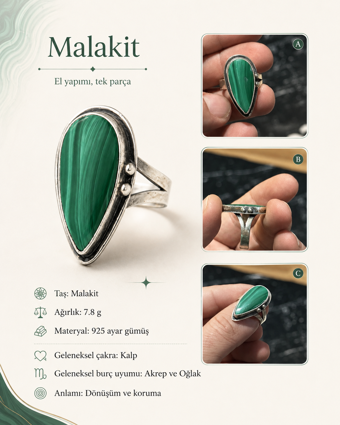 Malakit 925 Ayar Gümüş Yüzük