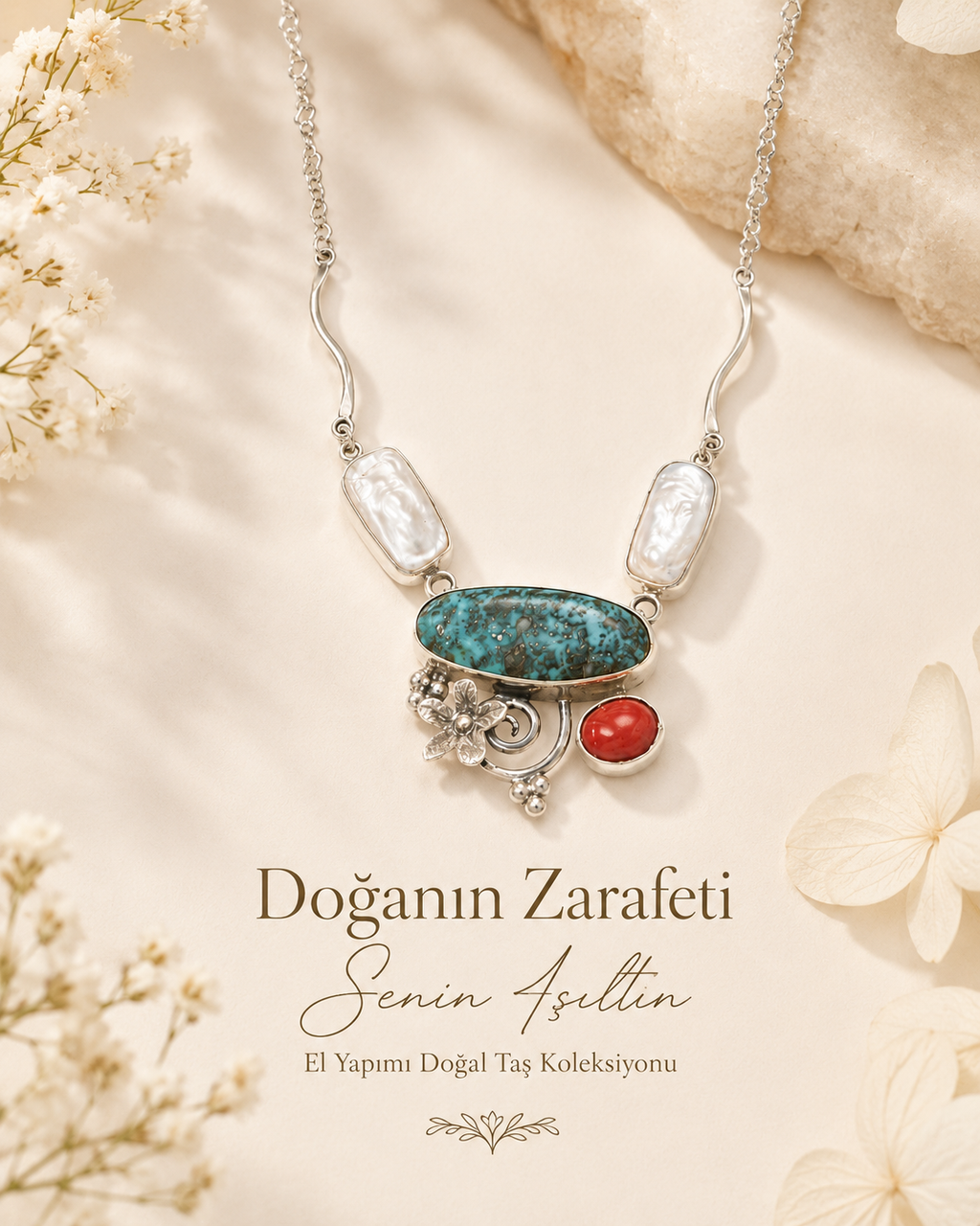 Mercan ve İnci 925 Ayar Gümüş Kolye