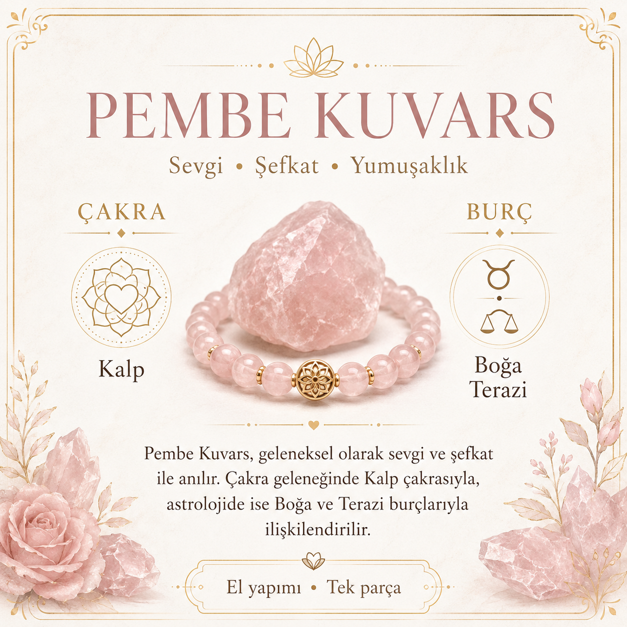 Pembe Kuvars Doğal Taş Bileklik