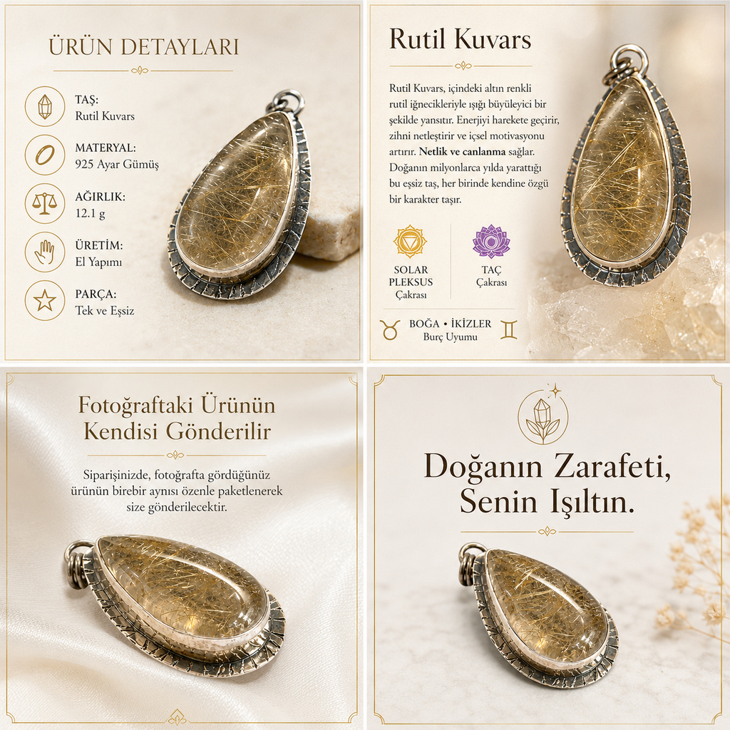 Rutil Kuvars 925 Ayar Gümüş Kolye