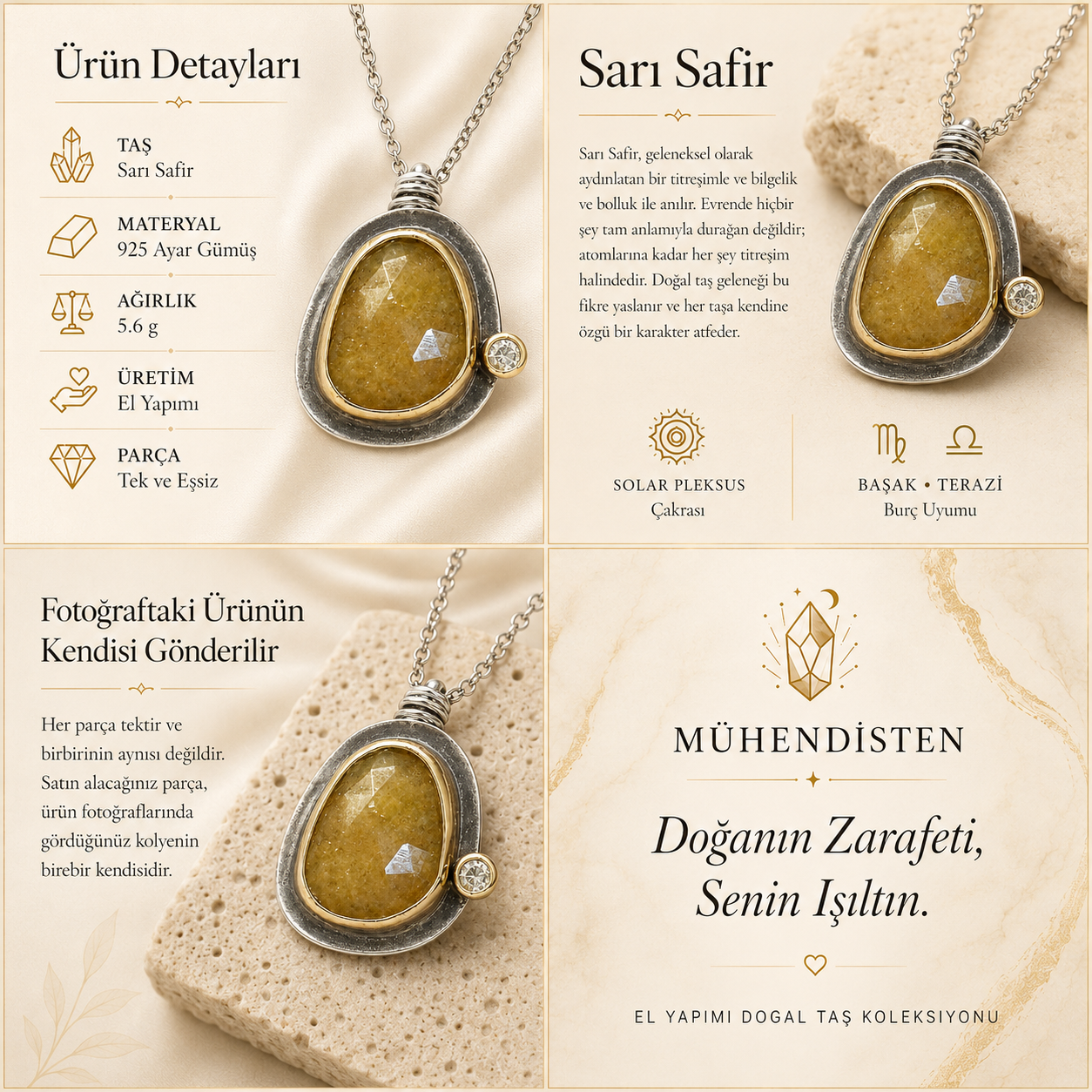Sarı Safir 925 Ayar Gümüş Kolye