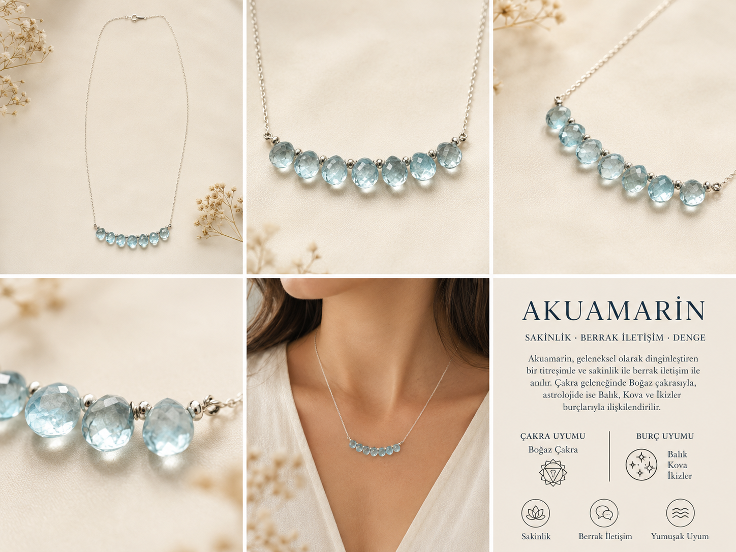 Akuamarin 925 Ayar Gümüş Kolye